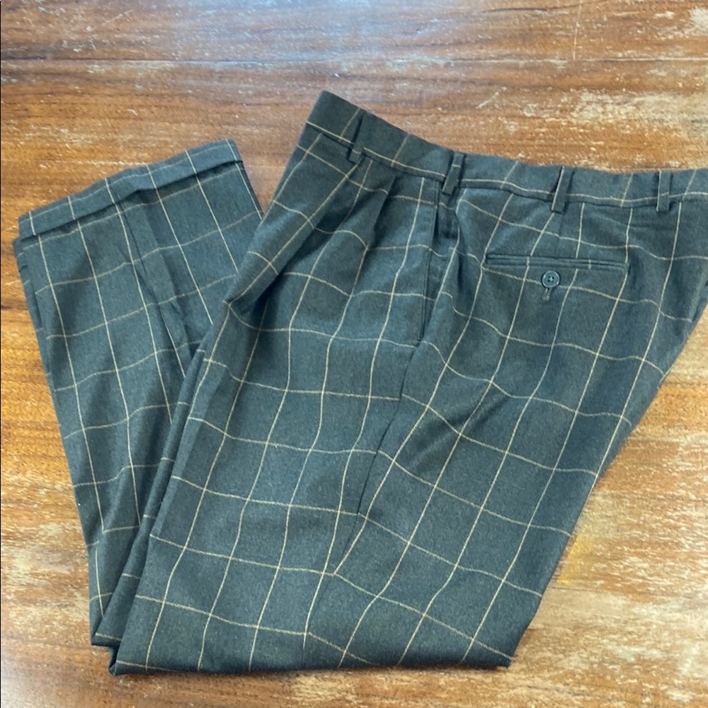 Vintage Loro Piana Brown/Gray Wool Dress Pants Checkered Square Plaid 36R pleat